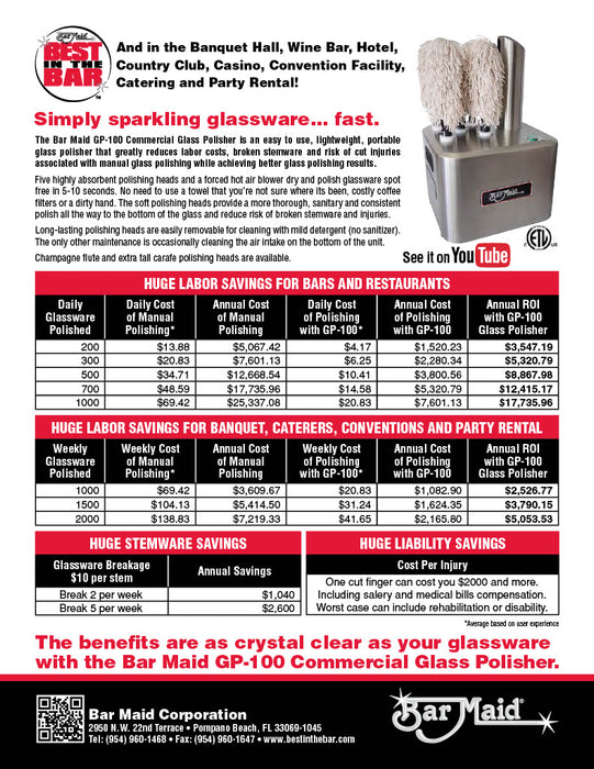 Bar-Maid GP-3 Mini Glass Polisher, Portable, Commercial 3-Brush